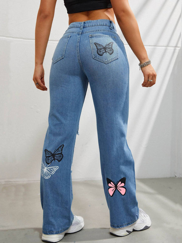 Butterfly Printed Ripped Straight High Waist Contrast Denim Pants-BOTTOMS SIZES SMALL MEDIUM LARGE-[Adult]-[Female]-2022 Online Blue Zone Planet