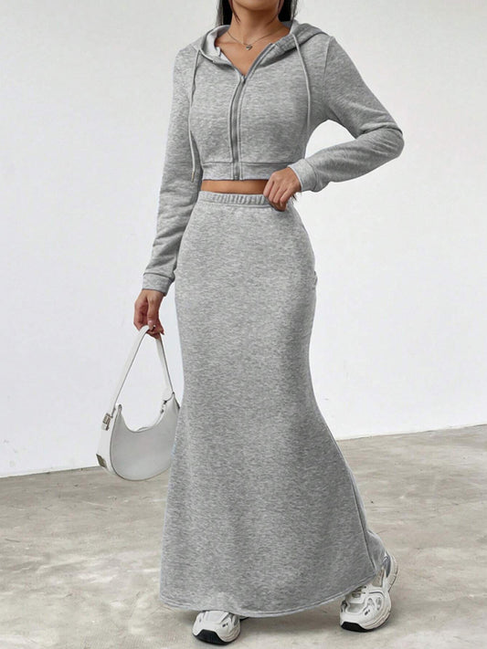 Blue Zone Planet | New Long Sleeve Hooded Zipper Sweatshirt with Hip-wrapped Long Skirt Set Casual Women's Wear-Tops / Dresses-[Adult]-[Female]-Grey-S-2022 Online Blue Zone Planet