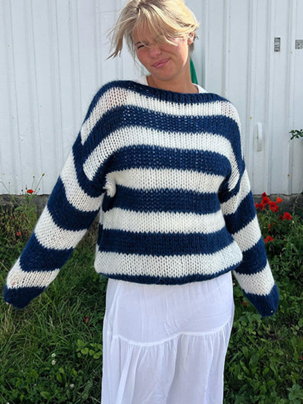 Blue Zone Planet | New round neck striped loose lazy versatile long-sleeved knitted sweater-[Adult]-[Female]-2022 Online Blue Zone Planet