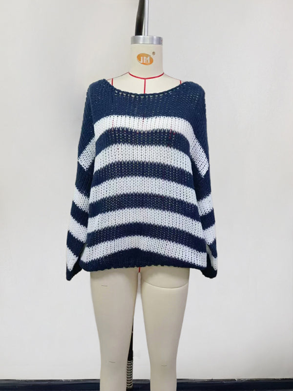 Blue Zone Planet | New round neck striped loose lazy versatile long-sleeved knitted sweater-[Adult]-[Female]-2022 Online Blue Zone Planet