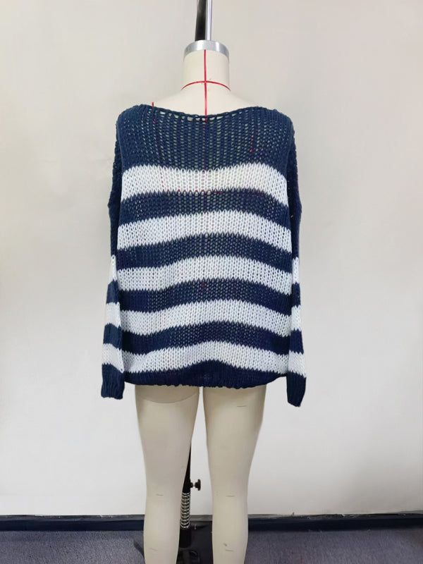 Blue Zone Planet | New round neck striped loose lazy versatile long-sleeved knitted sweater-[Adult]-[Female]-2022 Online Blue Zone Planet