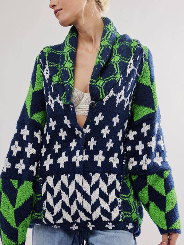 Blue Zone Planet | Y2K Abstract Print Lapel Loose Long-sleeved Knitted Cardigan-[Adult]-[Female]-Green-F-2022 Online Blue Zone Planet