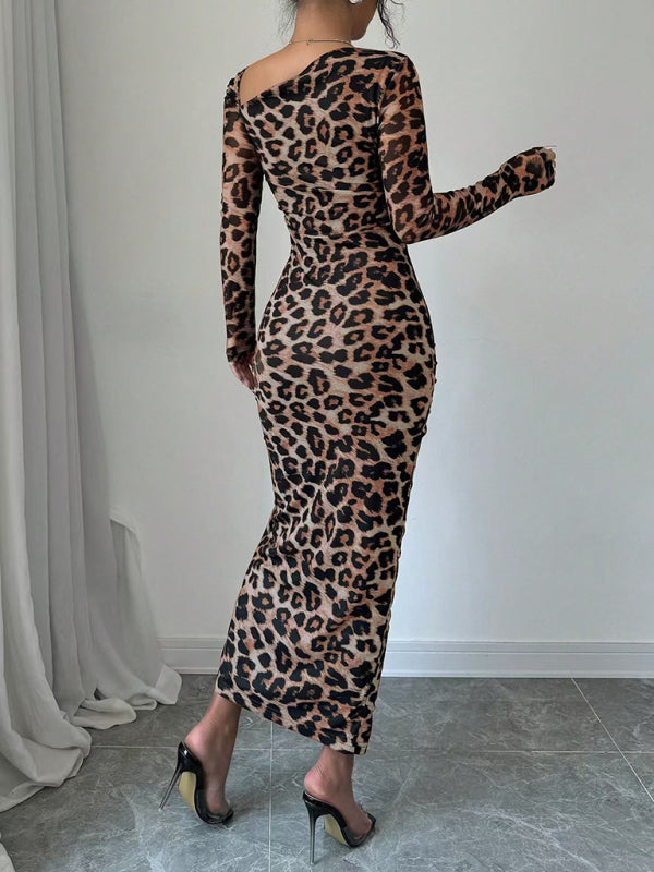 Blue Zone Planet | New Women's Round Neck Long Sleeve Leopard Print High Waist Hottie Dress-TOPS / DRESSES-[Adult]-[Female]-2022 Online Blue Zone Planet