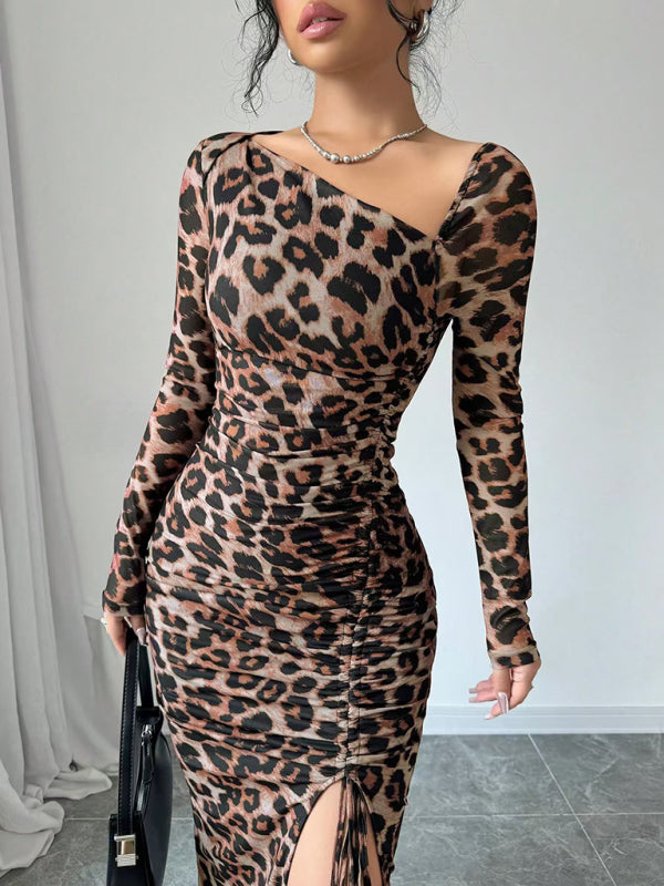 Blue Zone Planet | New Women's Round Neck Long Sleeve Leopard Print High Waist Hottie Dress-TOPS / DRESSES-[Adult]-[Female]-Khaki-S-2022 Online Blue Zone Planet