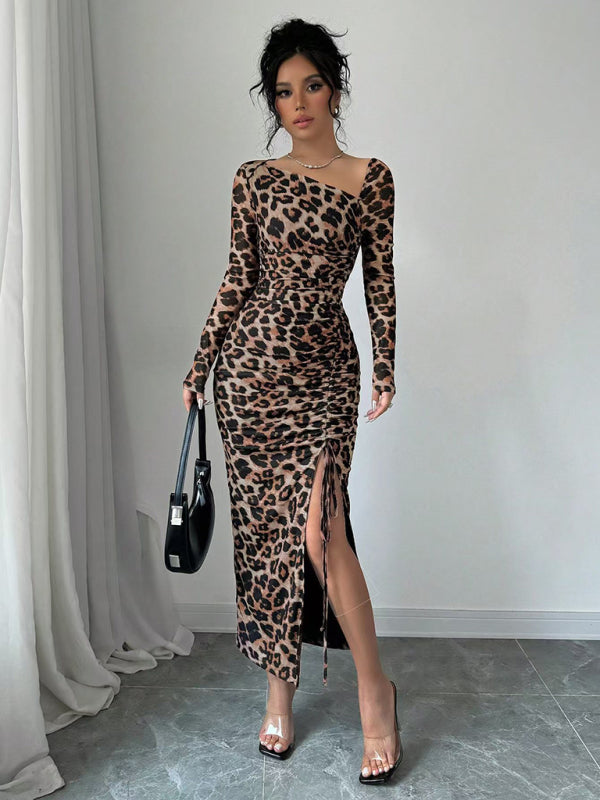 Blue Zone Planet | New Women's Round Neck Long Sleeve Leopard Print High Waist Hottie Dress-TOPS / DRESSES-[Adult]-[Female]-2022 Online Blue Zone Planet