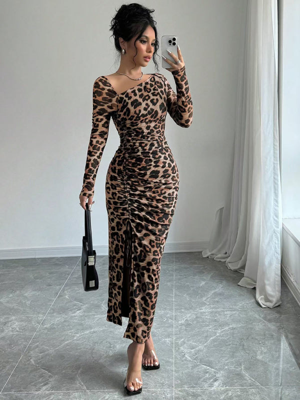 Blue Zone Planet | New Women's Round Neck Long Sleeve Leopard Print High Waist Hottie Dress-TOPS / DRESSES-[Adult]-[Female]-2022 Online Blue Zone Planet