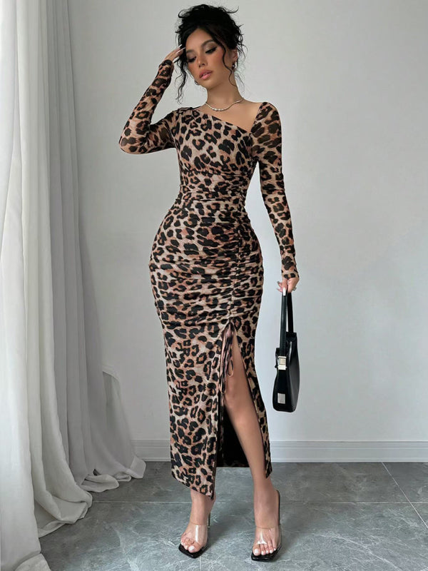 Blue Zone Planet | New Women's Round Neck Long Sleeve Leopard Print High Waist Hottie Dress-TOPS / DRESSES-[Adult]-[Female]-2022 Online Blue Zone Planet