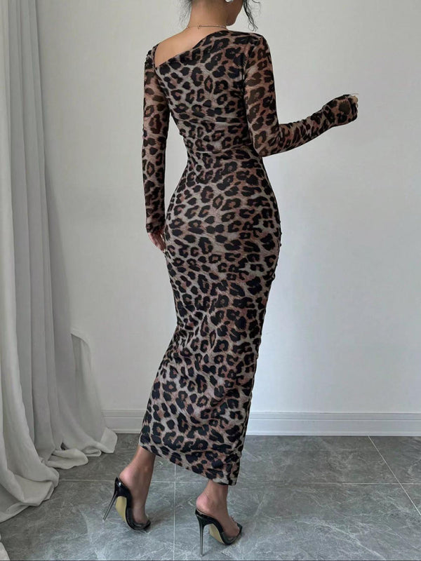 Blue Zone Planet | New Women's Round Neck Long Sleeve Leopard Print High Waist Hottie Dress-TOPS / DRESSES-[Adult]-[Female]-2022 Online Blue Zone Planet