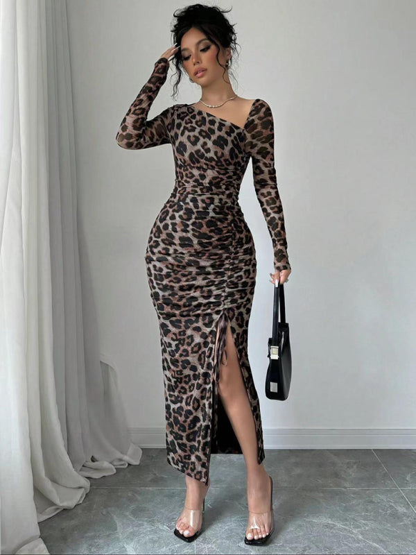 Blue Zone Planet | New Women's Round Neck Long Sleeve Leopard Print High Waist Hottie Dress-TOPS / DRESSES-[Adult]-[Female]-2022 Online Blue Zone Planet