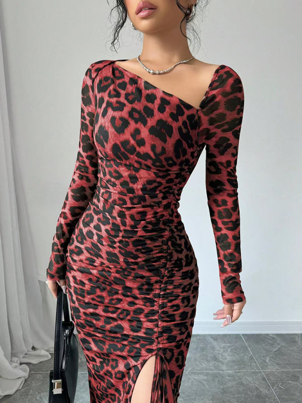 Blue Zone Planet | New Women's Round Neck Long Sleeve Leopard Print High Waist Hottie Dress-TOPS / DRESSES-[Adult]-[Female]-Red-S-2022 Online Blue Zone Planet