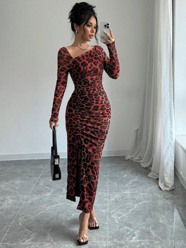 Blue Zone Planet | New Women's Round Neck Long Sleeve Leopard Print High Waist Hottie Dress-TOPS / DRESSES-[Adult]-[Female]-2022 Online Blue Zone Planet