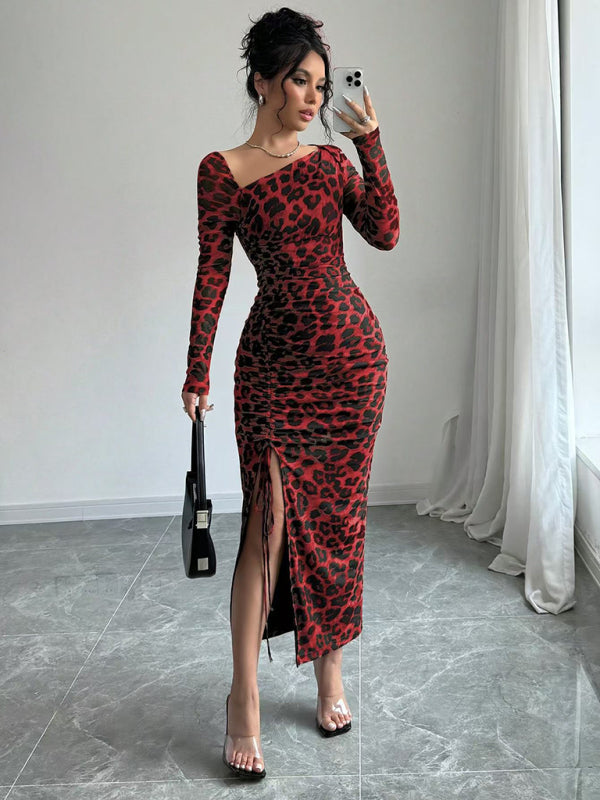 Blue Zone Planet | New Women's Round Neck Long Sleeve Leopard Print High Waist Hottie Dress-TOPS / DRESSES-[Adult]-[Female]-2022 Online Blue Zone Planet