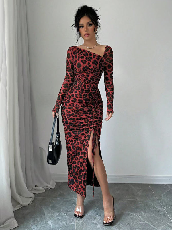 Blue Zone Planet | New Women's Round Neck Long Sleeve Leopard Print High Waist Hottie Dress-TOPS / DRESSES-[Adult]-[Female]-2022 Online Blue Zone Planet