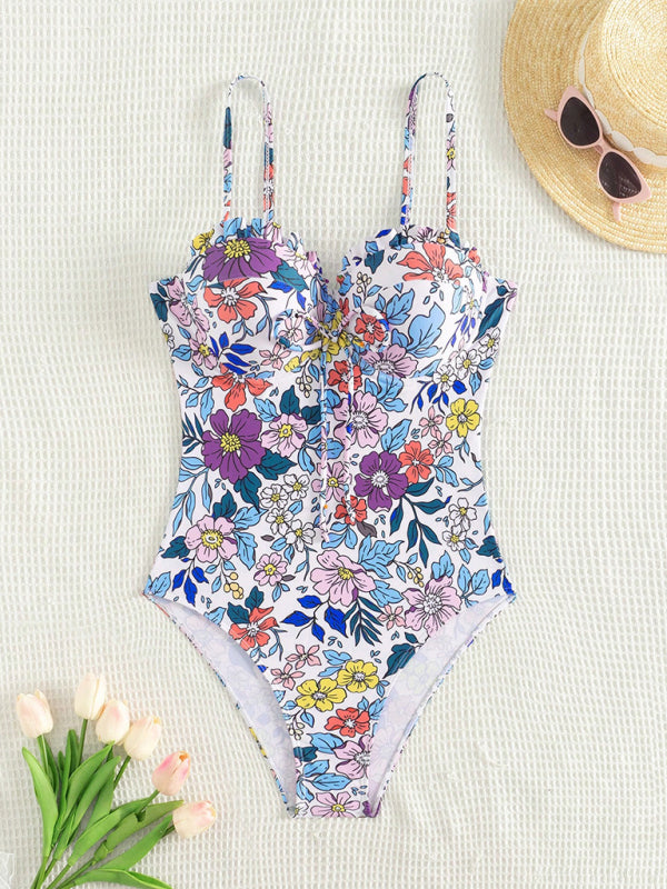 Blue Zone Planet | one-piece swimsuit with bowknot floral print-[Adult]-[Female]-2022 Online Blue Zone Planet