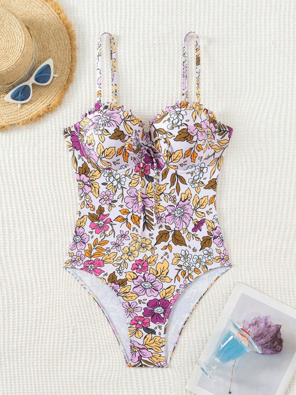 Blue Zone Planet | one-piece swimsuit with bowknot floral print-[Adult]-[Female]-2022 Online Blue Zone Planet