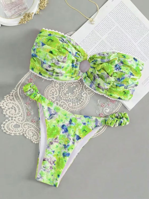 Blue Zone Planet | New floral print tube top bikini-[Adult]-[Female]-Green-S-2022 Online Blue Zone Planet