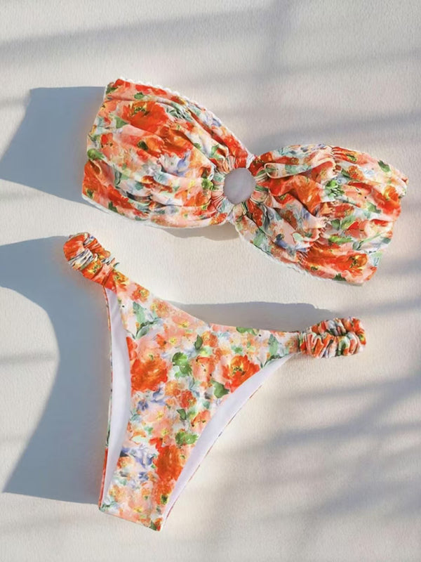 Blue Zone Planet | New floral print tube top bikini-[Adult]-[Female]-Orange-S-2022 Online Blue Zone Planet