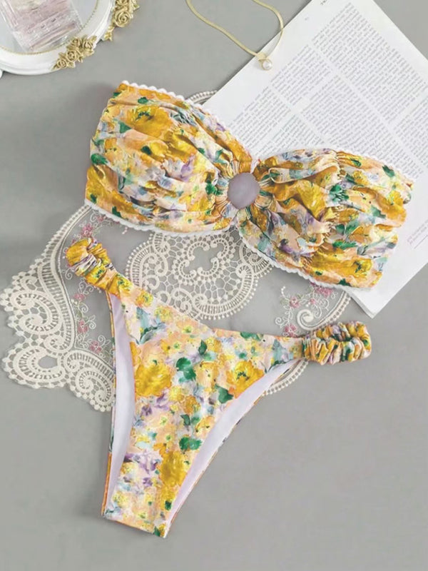 Blue Zone Planet | New floral print tube top bikini-[Adult]-[Female]-Yellow-S-2022 Online Blue Zone Planet