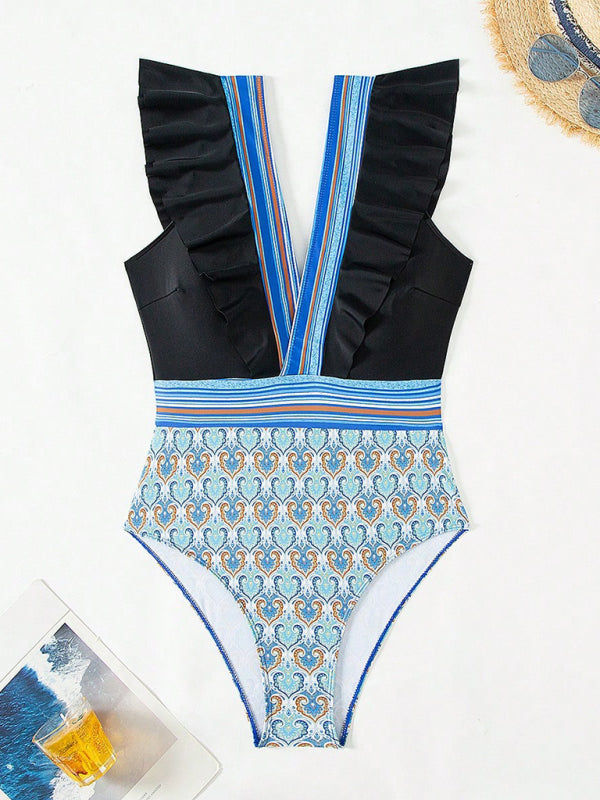 Blue Zone Planet | V-neck ruffled backless swimsuit-[Adult]-[Female]-2022 Online Blue Zone Planet