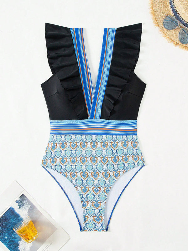 Blue Zone Planet | V-neck ruffled backless swimsuit-[Adult]-[Female]-2022 Online Blue Zone Planet