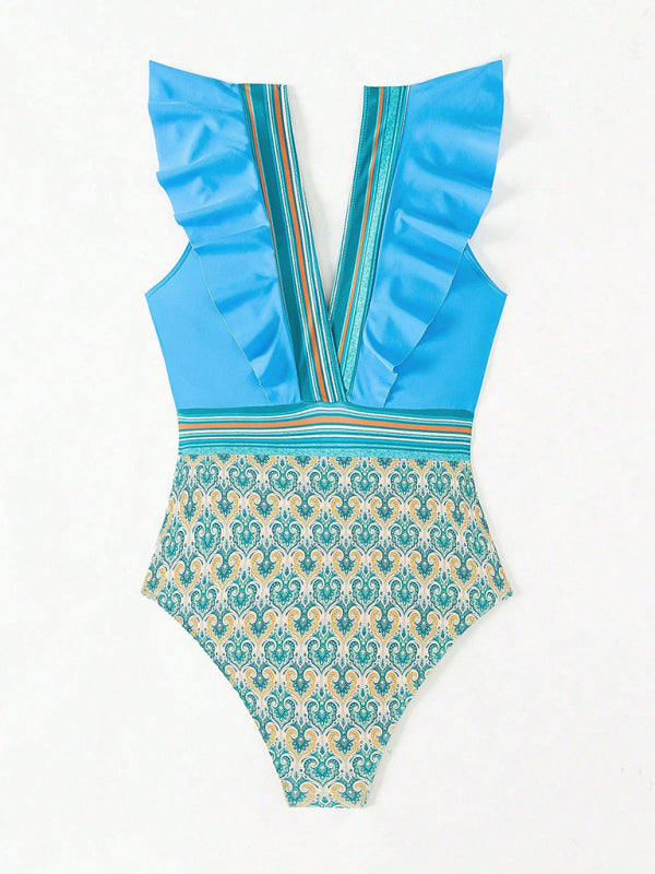 Blue Zone Planet | V-neck ruffled backless swimsuit-[Adult]-[Female]-2022 Online Blue Zone Planet