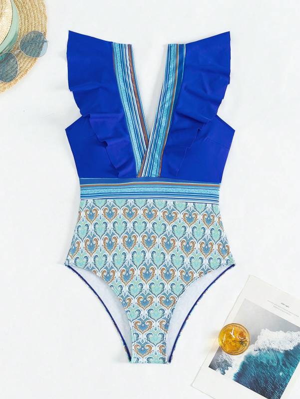 Blue Zone Planet | V-neck ruffled backless swimsuit-[Adult]-[Female]-2022 Online Blue Zone Planet