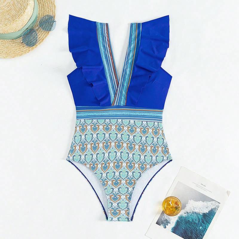 Blue Zone Planet | V-neck ruffled backless swimsuit-[Adult]-[Female]-2022 Online Blue Zone Planet