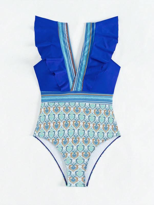 Blue Zone Planet | V-neck ruffled backless swimsuit-[Adult]-[Female]-2022 Online Blue Zone Planet