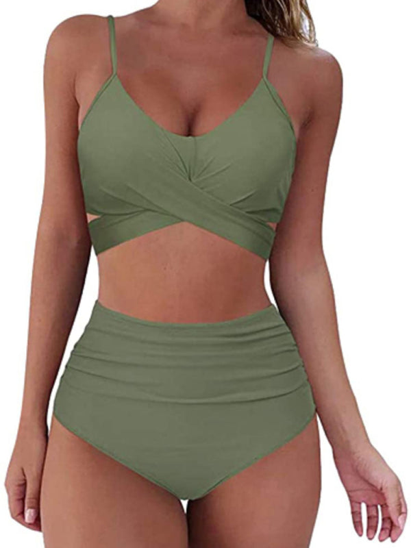 Blue Zone Planet | New Cross Strap High Waist Printed Two-Piece Women's Bikini Swimsuit-[Adult]-[Female]-Olive green-S-2022 Online Blue Zone Planet