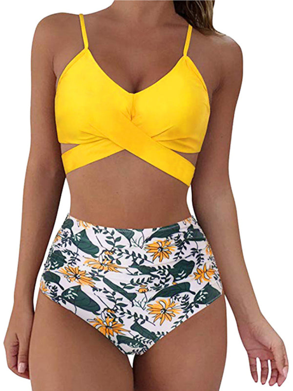 Blue Zone Planet | New Cross Strap High Waist Printed Two-Piece Women's Bikini Swimsuit-[Adult]-[Female]-Yellow-S-2022 Online Blue Zone Planet