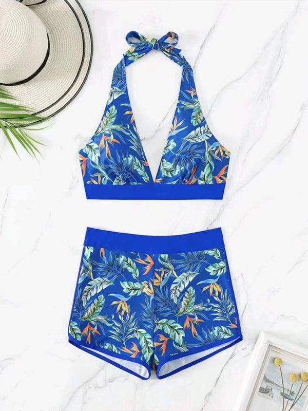 Blue Zone Planet | Splicing print halter neck split bikini bikini high waist swimsuit-[Adult]-[Female]-2022 Online Blue Zone Planet