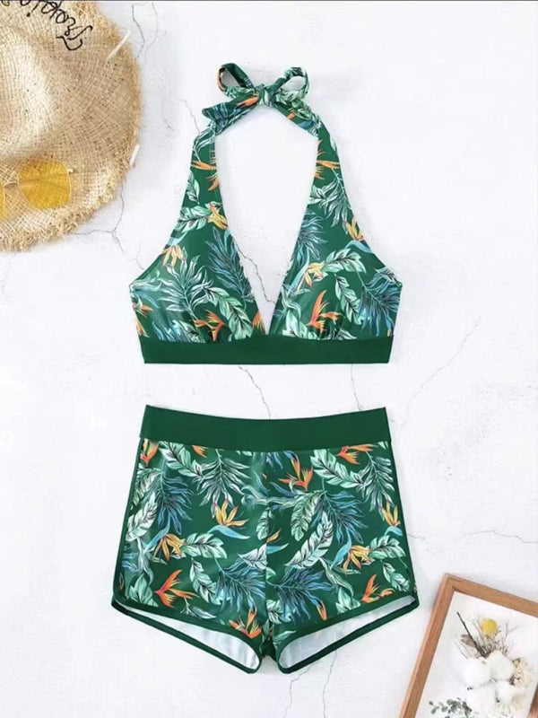 Blue Zone Planet | Splicing print halter neck split bikini bikini high waist swimsuit-[Adult]-[Female]-2022 Online Blue Zone Planet