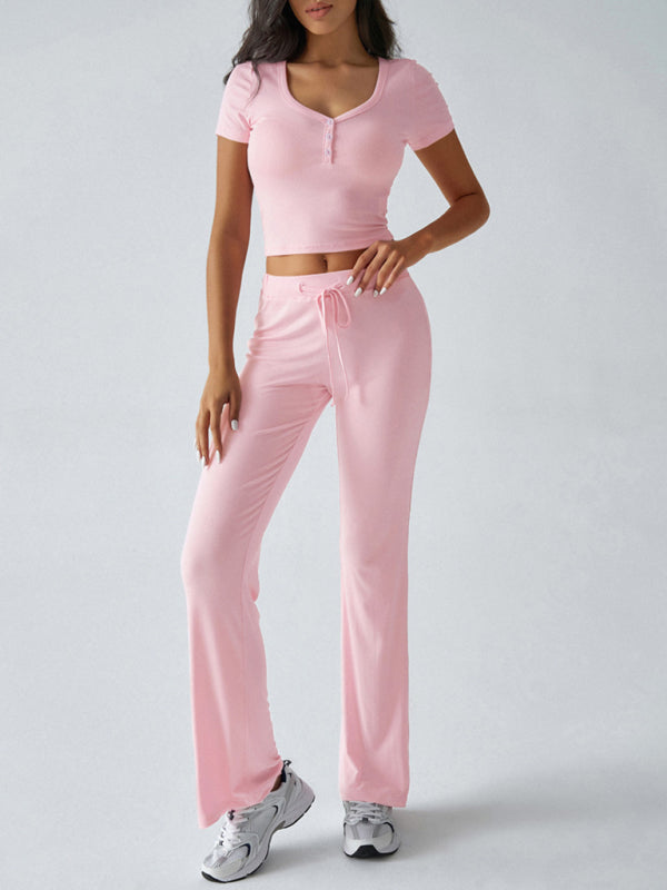 Blue Zone Planet | U-neck T-shirt Trousers Knitted Two-piece Suit-[Adult]-[Female]-Pink-S-2022 Online Blue Zone Planet