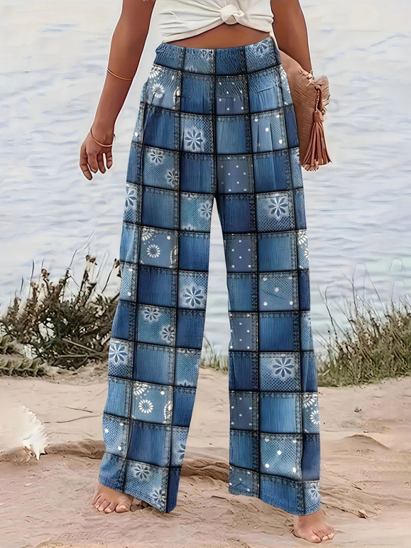 Blue Zone Planet | Printed casual wide-leg straight pants-[Adult]-[Female]-Blue-S-2022 Online Blue Zone Planet