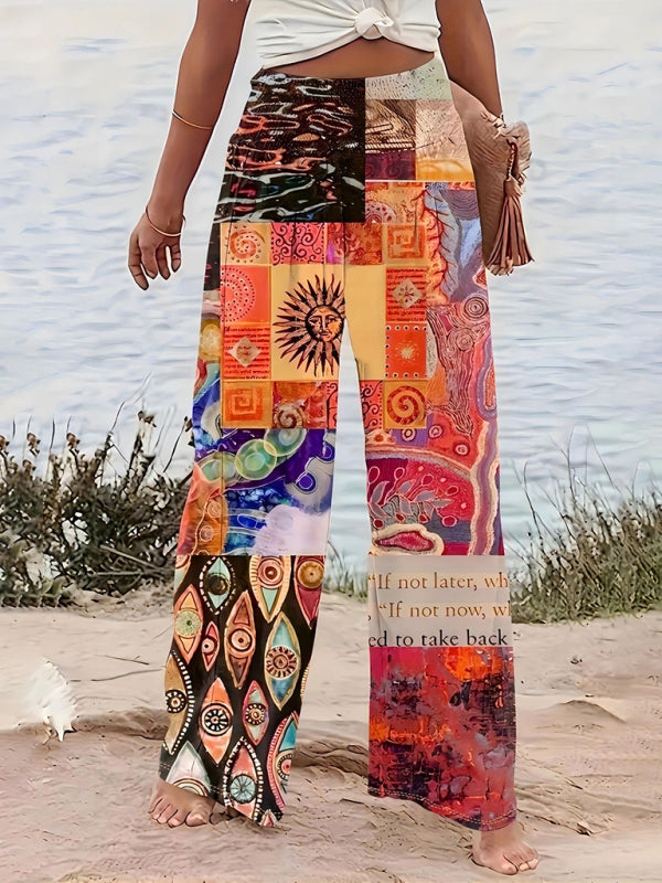 Blue Zone Planet | Printed casual wide-leg straight pants-[Adult]-[Female]-Orange-S-2022 Online Blue Zone Planet