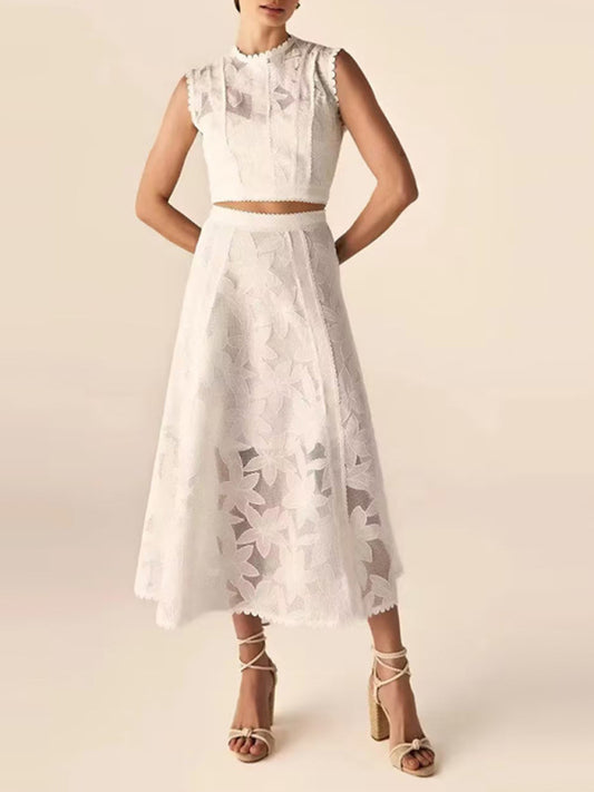 Blue Zone Planet | Women's Vacation Round Neck Sleeveless Top + High Waist Embroidered Skirt Set-[Adult]-[Female]-White-S-2022 Online Blue Zone Planet