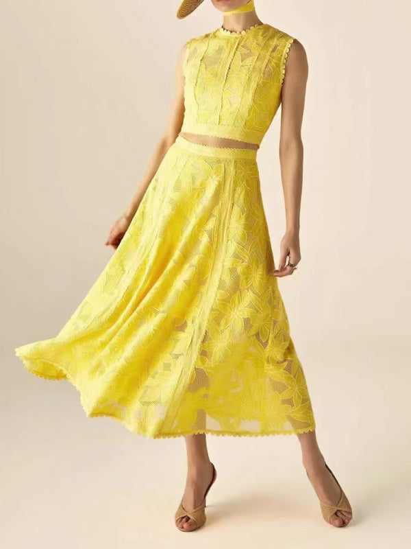 Blue Zone Planet | Women's Vacation Round Neck Sleeveless Top + High Waist Embroidered Skirt Set-[Adult]-[Female]-Yellow-S-2022 Online Blue Zone Planet