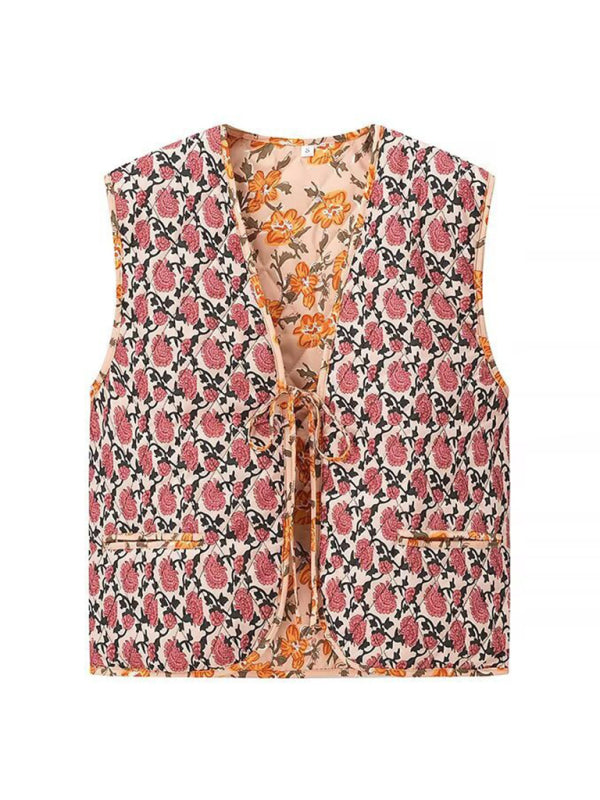 Blue Zone Planet | New V-Neck Sleeveless Lace-Up Retro Floral Print Vest-[Adult]-[Female]-2022 Online Blue Zone Planet