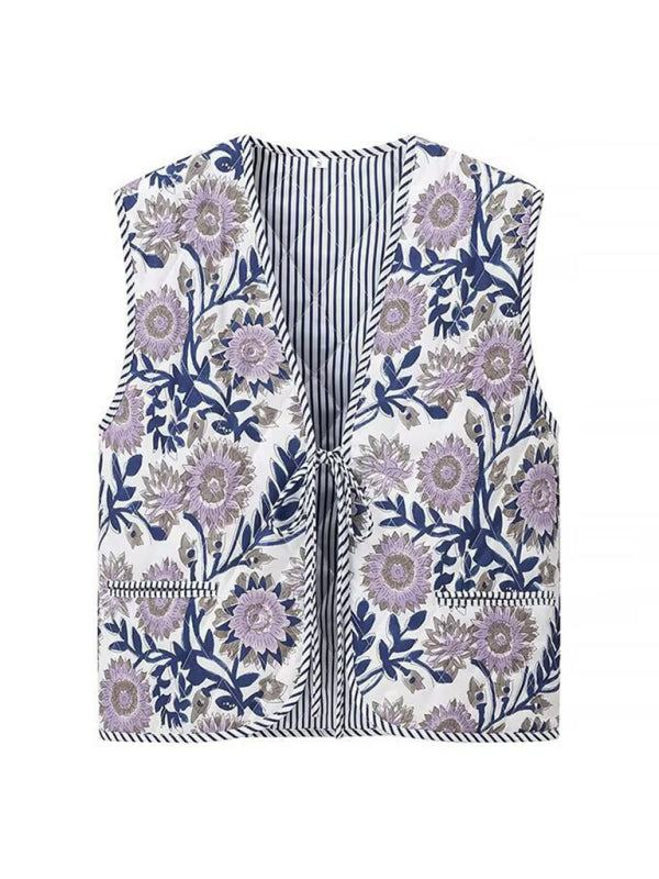 Blue Zone Planet | New V-Neck Sleeveless Lace-Up Retro Floral Print Vest-[Adult]-[Female]-White-S-2022 Online Blue Zone Planet