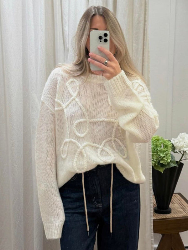 Blue Zone Planet | New Loose Casual Pullover Solid Color Round Neck Long Sleeve Pullover Sweater-[Adult]-[Female]-White-S-2022 Online Blue Zone Planet