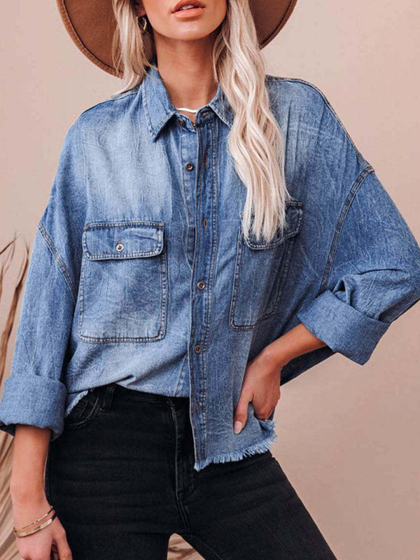 Blue Zone Planet | New Retro Loose Denim Shirt Drop Shoulder Blue Large Pocket Shirt-[Adult]-[Female]-Blue-S-2022 Online Blue Zone Planet