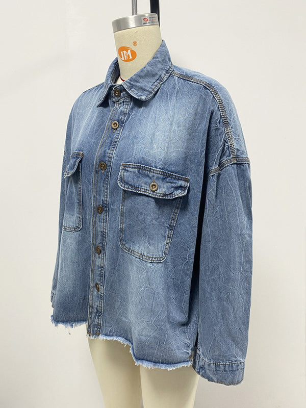 Blue Zone Planet | New Retro Loose Denim Shirt Drop Shoulder Blue Large Pocket Shirt-[Adult]-[Female]-2022 Online Blue Zone Planet