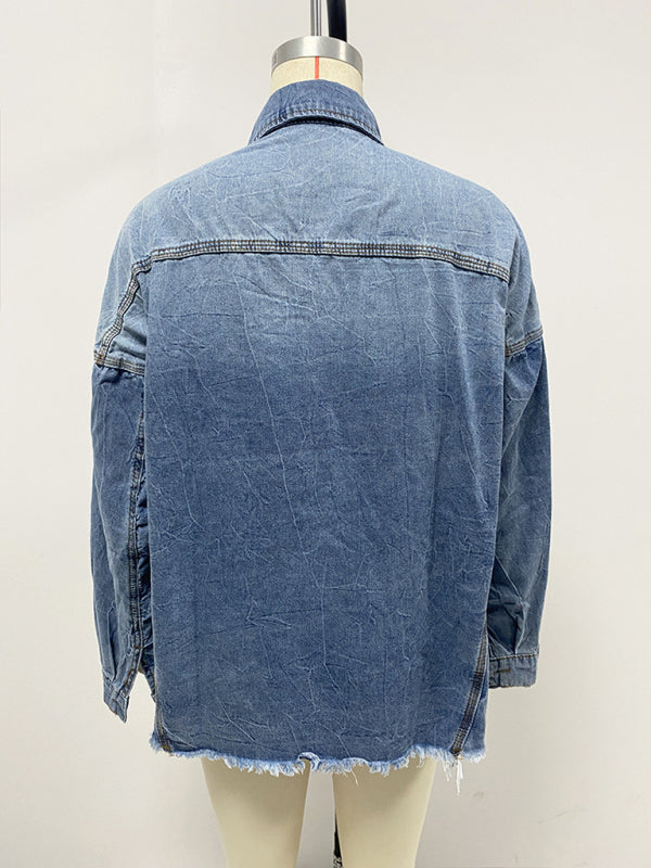 Blue Zone Planet | New Retro Loose Denim Shirt Drop Shoulder Blue Large Pocket Shirt-[Adult]-[Female]-2022 Online Blue Zone Planet