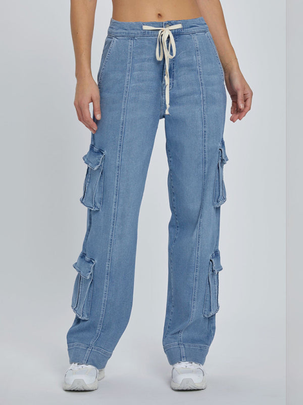 Blue Zone Planet | New Street Wash Overalls Multi-Pocket Wide-Leg Lace-Up Jeans-[Adult]-[Female]-Blue-S-2022 Online Blue Zone Planet