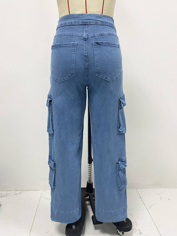 Blue Zone Planet | New Street Wash Overalls Multi-Pocket Wide-Leg Lace-Up Jeans-[Adult]-[Female]-2022 Online Blue Zone Planet