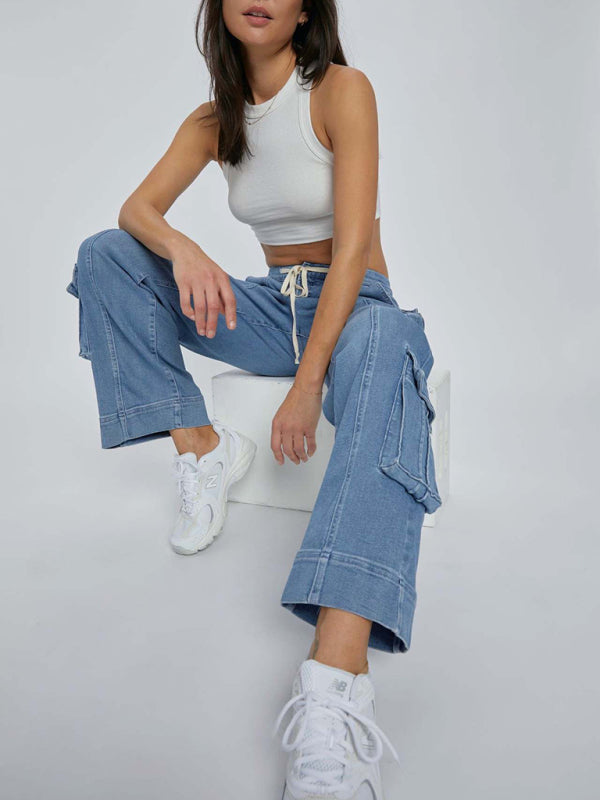 Blue Zone Planet | New Street Wash Overalls Multi-Pocket Wide-Leg Lace-Up Jeans-[Adult]-[Female]-2022 Online Blue Zone Planet