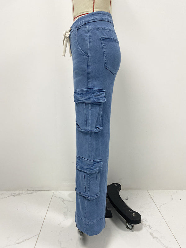 Blue Zone Planet | New Street Wash Overalls Multi-Pocket Wide-Leg Lace-Up Jeans-[Adult]-[Female]-2022 Online Blue Zone Planet