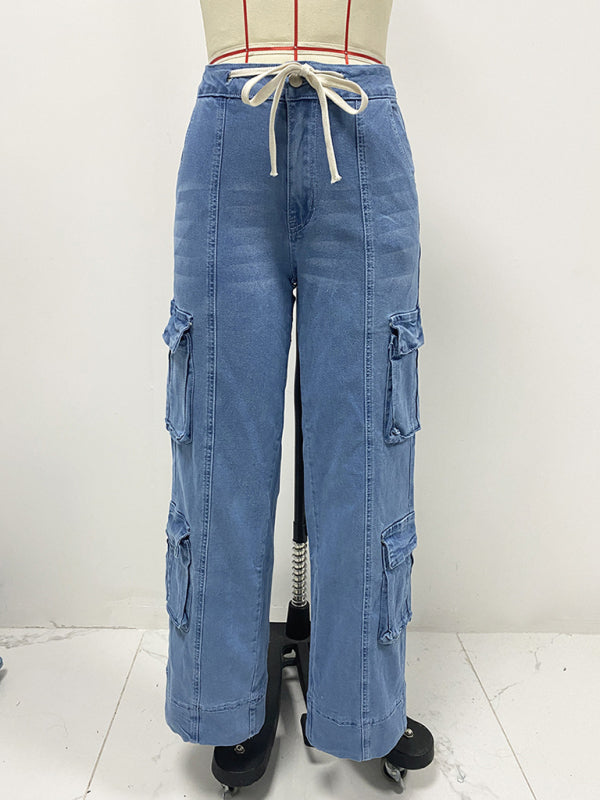 Blue Zone Planet | New Street Wash Overalls Multi-Pocket Wide-Leg Lace-Up Jeans-[Adult]-[Female]-2022 Online Blue Zone Planet