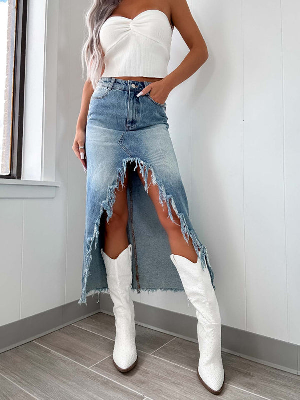 Blue Zone Planet | New high waist irregular raw edge denim skirt for women old washed skirt-[Adult]-[Female]-Blue-S-2022 Online Blue Zone Planet