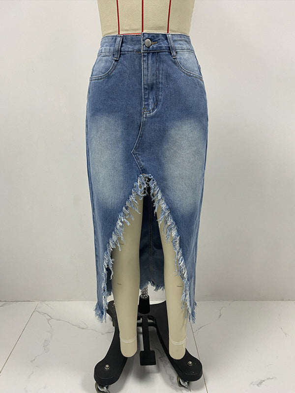 Blue Zone Planet | New high waist irregular raw edge denim skirt for women old washed skirt-[Adult]-[Female]-2022 Online Blue Zone Planet